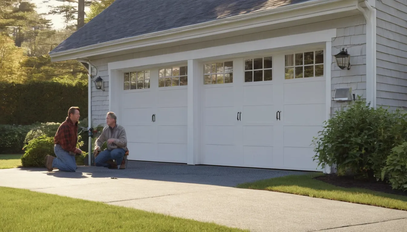 Friendly provider checking a garage door track with a level at a home in Lloyd Harbor