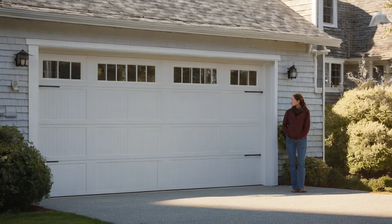 A homeowner checking a garage door in Lloyd Harbor on a crisp morning